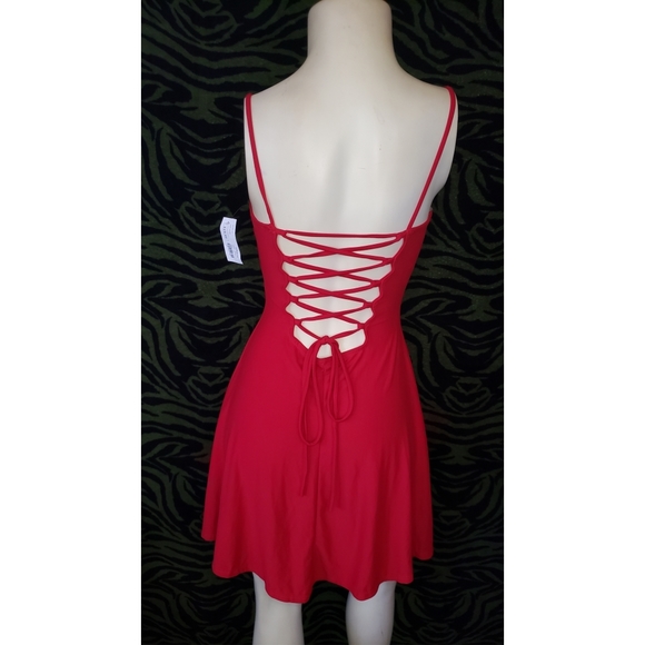Mini red low cut lace up back skater dress - Picture 4 of 7